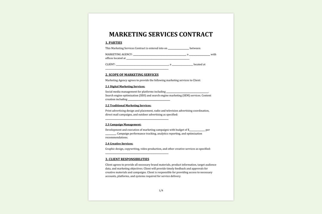 Marketing Services Contract Template Editable Word & PDF Download Etsy