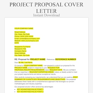 Puede incluir: Una plantilla de carta de presentación de propuesta de proyecto con el título "PROJECT PROPOSAL COVER LETTER" y las palabras "Instant Download". El documento incluye campos para la información de la empresa y del destinatario, y un resumen de la propuesta.