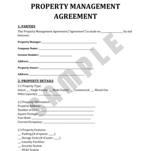 Puede incluir: Un documento de Acuerdo de Gestión de Propiedades con el título "PROPERTY MANAGEMENT AGREEMENT" en texto negro en negrita. El documento incluye secciones para las partes, detalles de la propiedad y características, con líneas para rellenar.