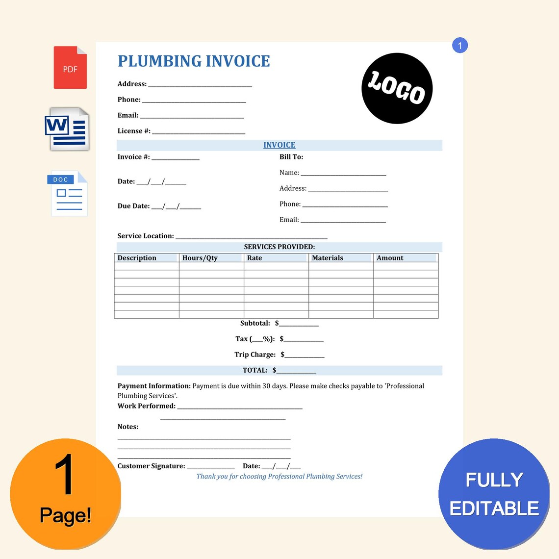 Plumbing Invoice Template Custom Logo | Editable Plumbing Invoice | MS