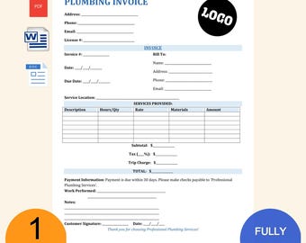 Plumbing Invoice Template Custom Logo | Editable Plumbing Invoice | MS WORD & PDF Files