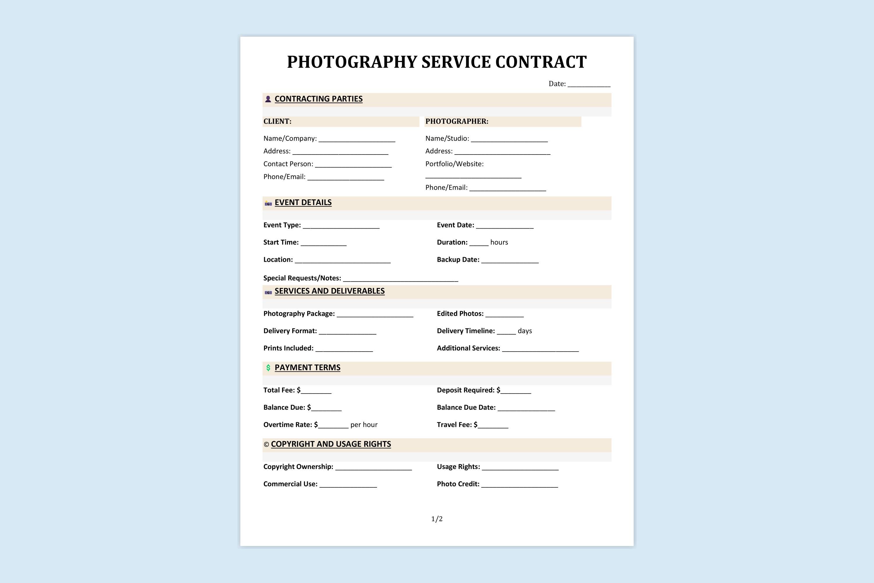 Editable Photography Contract Template - Etsy