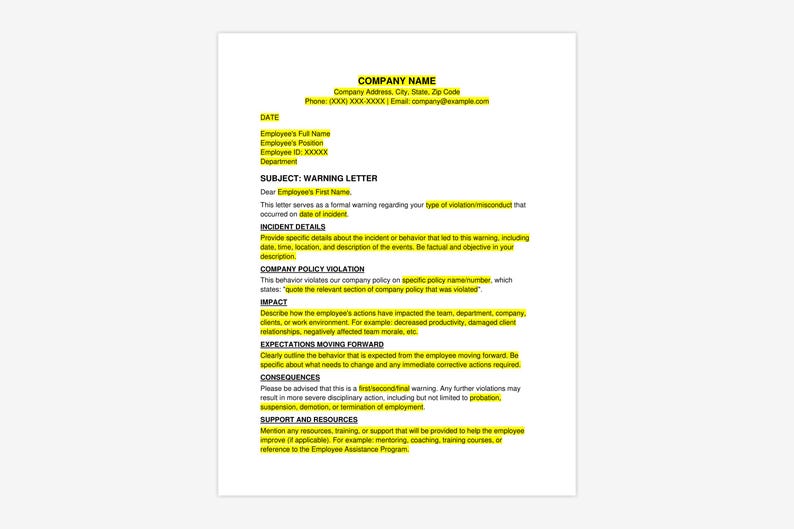 Performance Notification Template Employee Warning Letter - Performance Notice Template | HR Forms ...