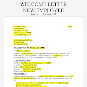 May include: A white document with the heading "WELCOME LETTER NEW EMPLOYEE Instant Download." The letter contains sections for company and employee details, a welcome message, and start information. It's a template for new employee onboarding.