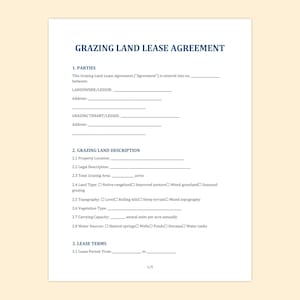 May include: A white document titled "GRAZING LAND LEASE AGREEMENT" with sections for parties, grazing land description, and lease terms. The document includes fill-in-the-blank lines for specific details.