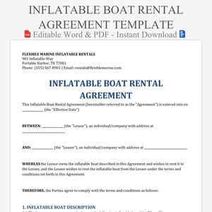 May include: A white document titled "INFLATABLE BOAT RENTAL AGREEMENT TEMPLATE" with blue text. The document includes contact information for Flexible Marine Inflatable Rentals and sections for the Lessor and Lessee. It is available as an editable Word & PDF instant download.