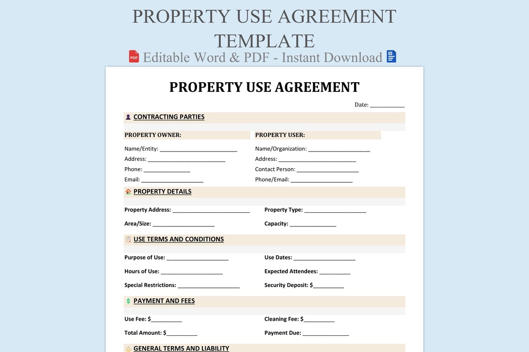 Use Agreement Example Property Use Agreement Template. Word & PDF Download. - Etsy