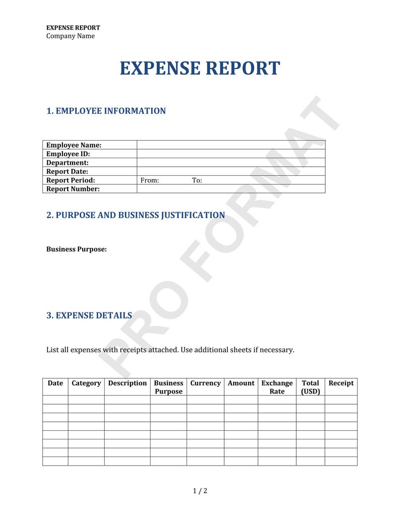 Expense Report Form Template - Etsy