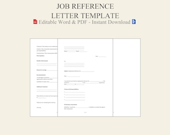 May include: A Job Reference Letter Template with the text "JOB REFERENCE LETTER TEMPLATE" at the top. The template is in a PDF and Word format, with fillable fields for information. The document is on a cream-colored background.