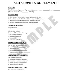 Puede incluir: Un documento blanco titulado "Acuerdo de Servicios SEO" que describe los servicios de SEO, las responsabilidades del cliente y las métricas de rendimiento. El documento incluye secciones para definiciones, alcance y entregables. La palabra "SAMPLE" está en marca de agua.