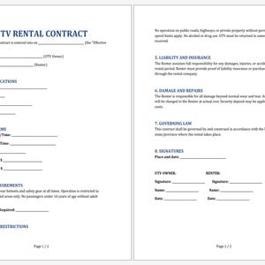 May include: A two-page UTV Rental Contract template with fillable fields for specifications, rental terms, safety requirements, and signatures. The contract includes sections on liability, insurance, damage, repairs, and governing law.