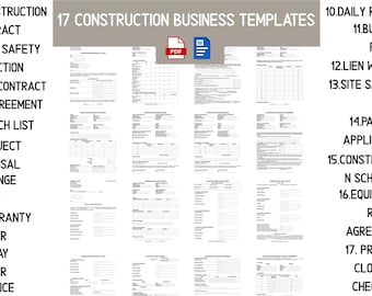 May include: A collection of 17 construction business templates, including contracts, site safety plans, and project proposals. The templates are displayed in a grid layout, with a PDF and Word document icon at the top.