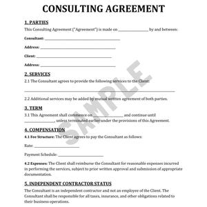 Könnte beinhalten: Ein weißes Dokument mit der Überschrift "CONSULTING AGREEMENT" mit Abschnitten für Parteien, Dienstleistungen, Laufzeit, Vergütung und Status als unabhängiger Auftragnehmer. Das Dokument enthält ausfüllbare Zeilen.