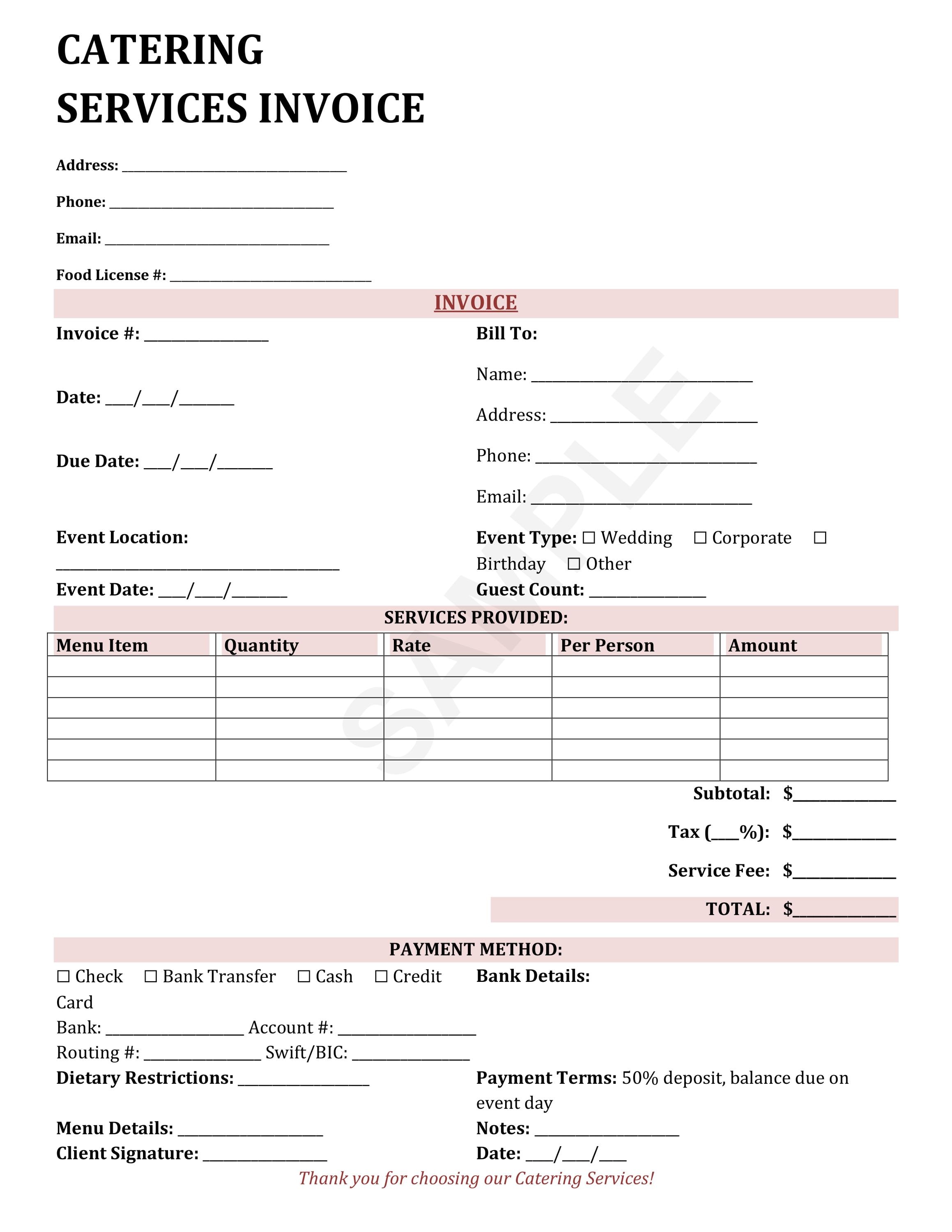 Catering Invoice Template for Word Download
