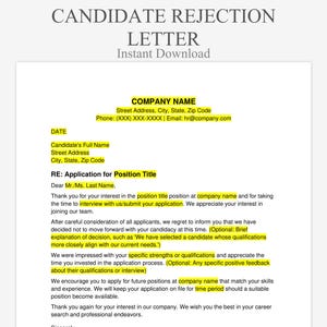 Puede incluir: Un documento blanco titulado "CANDIDATE REJECTION LETTER" con texto resaltado en amarillo. El documento incluye secciones para información de la empresa, fecha, detalles del candidato y un mensaje de rechazo. El texto está en una fuente clara y legible.
