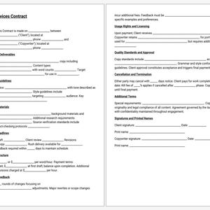 May include: A two-page white document titled "Copywriting Services Contract" with fillable fields for agreement details, scope, and terms. The document includes sections for project timelines, payment structure, and signatures.