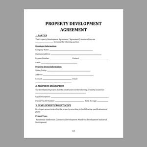 Pode incluir: Um documento branco intitulado "ACORDO DE DESENVOLVIMENTO DE PROPRIEDADE" com seções para as partes, informações do desenvolvedor, informações do proprietário, descrição da propriedade e escopo do projeto de desenvolvimento. O documento está em um fundo cinza.
