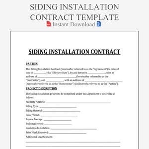 Siding Installation Contract. Word File For Exterior Work Projects. PDF Download For Home Or Property Improvements.