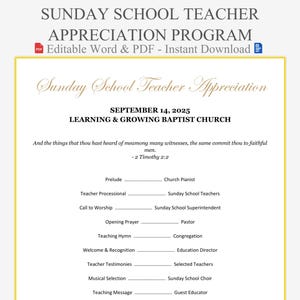 Puede incluir: Una plantilla imprimible del Programa de Apreciación del Maestro de la Escuela Dominical. El documento incluye la fecha, el nombre de la iglesia y un programa de eventos. El texto es en negro y dorado sobre un fondo blanco.