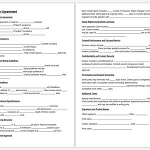 May include: A two-page document titled "Content Creation Agreement" with sections for content scope, delivery, and payment terms. The text is black on a white background, with lines for filling in details.