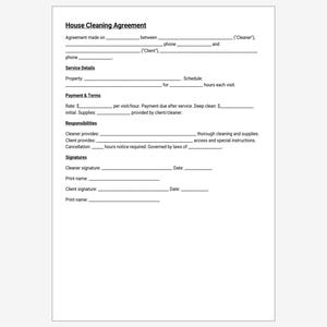 Può includere: Un documento bianco intitolato "Contratto di pulizia della casa" con campi compilabili per i dettagli dell'accordo, le specifiche del servizio, i termini di pagamento, le responsabilità e le firme.