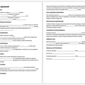 May include: A two-page document titled "Non-Solicitation Agreement" with fillable fields. The document outlines terms, restrictions, and legal remedies. It includes sections on employment context, customer restrictions, and employee restrictions. The document is on a white background.