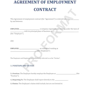 May include: A black and white legal document titled "Agreement of Employment Contract". The document outlines the terms of employment between an employer and employee. The document includes sections for the employer's and employee's information, position and duties, and signatures.