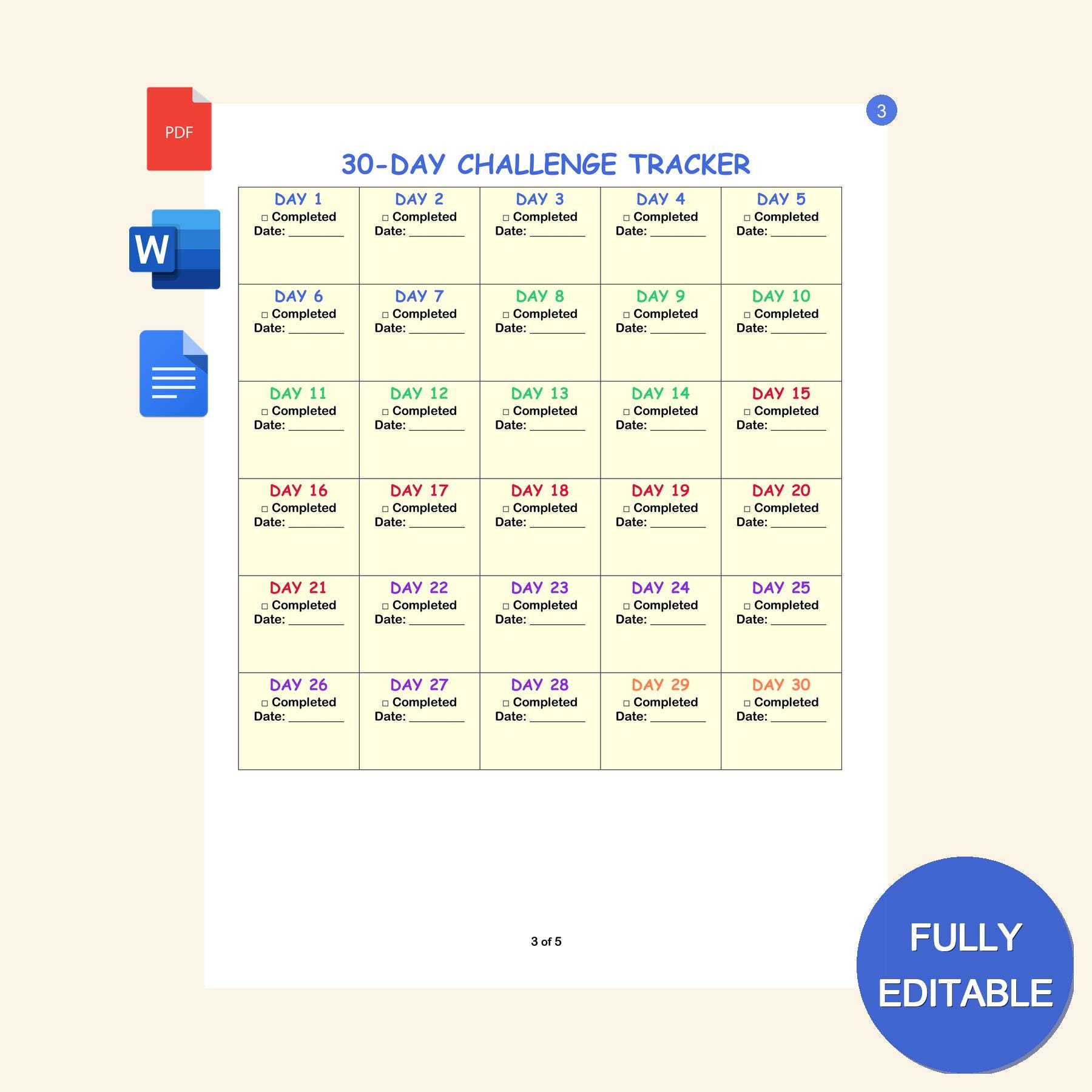 30 Day Challenge Planner Template | Editable in MS Word & PDF | Planner ...