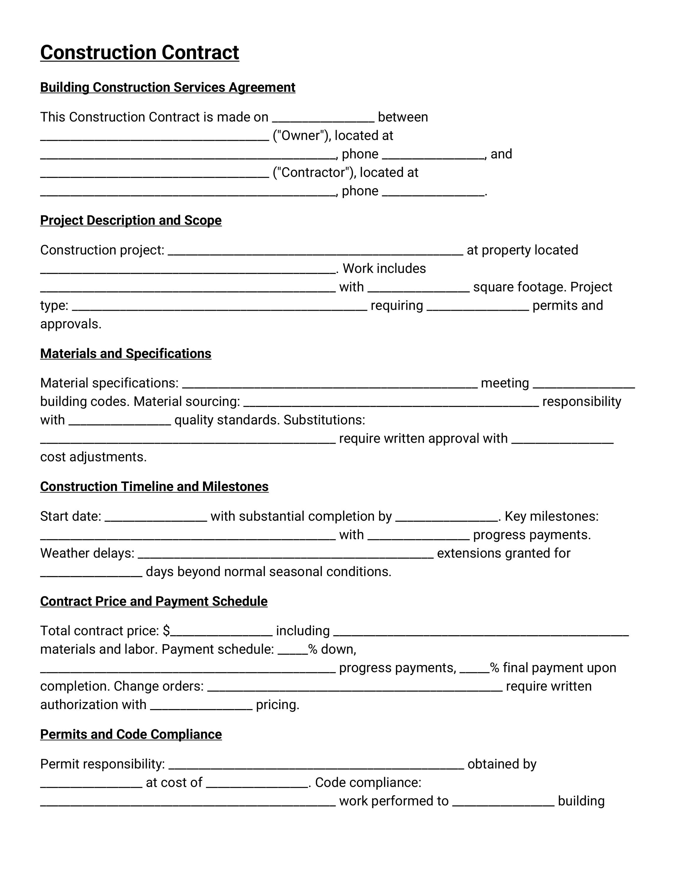 Construction Contract Template, Building Agreement, Contractor Forms ...