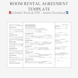 Könnte beinhalten: Eine Zimmer-Mietvertrags-Vorlage mit dem Titel „ROOM RENTAL AGREEMENT TEMPLATE“. Das Dokument ist in drei Spalten unterteilt und enthält ausfüllbare Felder für Details wie Adresse, Mietdauer und Kaution.