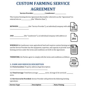 Op de afbeelding: Een wit document getiteld "CUSTOM FARMING SERVICE AGREEMENT" met tekstvelden voor serviceprovider- en landeigenaar informatie. Bevat secties voor boerderijbeschrijving en geleverde diensten. Pictogrammen voor US Letter, A4, Word en PDF zijn zichtbaar.