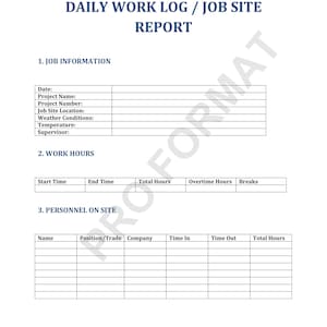 Puede incluir: Un formulario en blanco de registro diario de trabajo o informe de obra con secciones para información del trabajo, horas trabajadas y personal en el sitio. El formulario incluye campos para la fecha, nombre del proyecto, número de proyecto, ubicación del sitio de trabajo, condiciones climáticas, temperatura, supervisor, hora de inicio, hora de finalización, horas totales, horas extras, descansos, nombre, puesto/oficio, empresa, hora de entrada, hora de salida y horas totales.