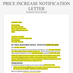 Carta de notificación de aumento de precio - Plantilla de cambio de tarifa / Formularios comerciales / Anuncio de ajuste de precios