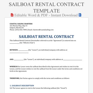 Plantilla de contrato de alquiler de velero. Editable en Word y PDF.