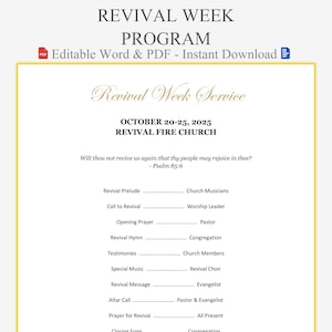 May include: A program for a Revival Week service, featuring the text "Revival Week Program" at the top. The program includes the date, location, and a schedule of events. The design is simple with a yellow border.