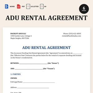 Peut inclure: Un modèle de document de contrat de location ADU de six pages avec du texte noir sur fond blanc. L'en-tête inclut des icônes pour les formats Word, PDF, US Letter et A4. Il présente les coordonnées de Backlot ADUS LLC et des champs vides pour les détails.