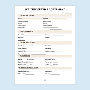 May include: A white document titled "WRITING SERVICE AGREEMENT" with sections for client and writer information, project details, content specifications, payment terms, and copyright information. The document is on a light blue background.