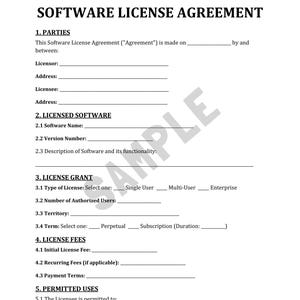 Könnte beinhalten: Ein Software-Lizenzvereinbarung Dokument, gedruckt auf weißem Papier, mit schwarzem Text. Der Titel lautet "SOFTWARE LICENSE AGREEMENT". Abschnitte umfassen "PARTIES", "LICENSED SOFTWARE" und "LICENSE GRANT". Ein Wasserzeichen "SAMPLE" ist sichtbar.