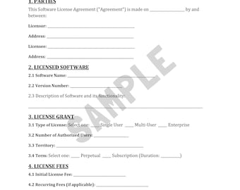 May include: A Software License Agreement document, printed on white paper, with black text. The title reads "SOFTWARE LICENSE AGREEMENT". Sections include "PARTIES", "LICENSED SOFTWARE", and "LICENSE GRANT". A watermark of "SAMPLE" is visible.