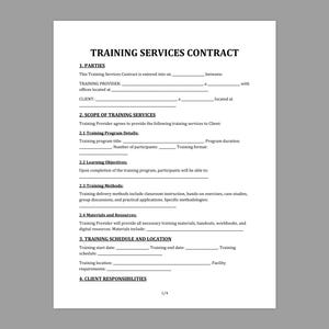 May include: A white document headed "TRAINING SERVICES CONTRACT" with sections for parties, scope of services, training program details, learning objectives, training methods, materials, and schedule. The document is on a grey background.