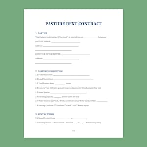 Könnte beinhalten: Ein weißes Dokument mit dem Titel "PASTURE RENT CONTRACT" in blauer Schrift. Das Dokument ist in Abschnitte für Parteien, Weidebeschreibung und Mietbedingungen unterteilt. Es enthält Ausfüllzeilen für spezifische Details.