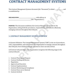 Op de afbeelding: Een document dat een contractbeheersysteem voor een organisatie beschrijft. Het document bevat een definitie van het systeem, een lijst met fasen in de levenscyclus van contracten en een doelstelling.