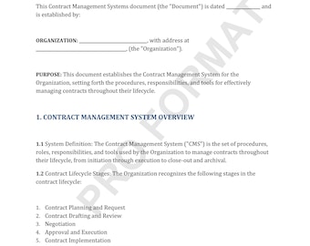 May include: A document outlining a contract management system for an organization. The document includes a definition of the system, a list of stages in the contract lifecycle, and a purpose statement.