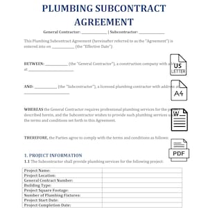 Op de afbeelding: Een document getiteld "PLUMBING SUBCONTRACT AGREEMENT" met tekstvelden voor aannemersinformatie. Bevat secties voor projectinformatie, met velden voor projectnaam, locatie en data. Voorzien van pictogrammen voor US Letter, A4, een document en PDF.