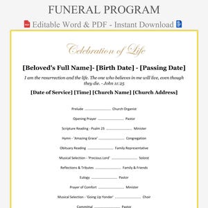 May include: A funeral program template with a gold border and the words "Funeral Program" at the top. The template includes sections for the deceased's name, birth and passing dates, service details, and order of service, with space for personalization.