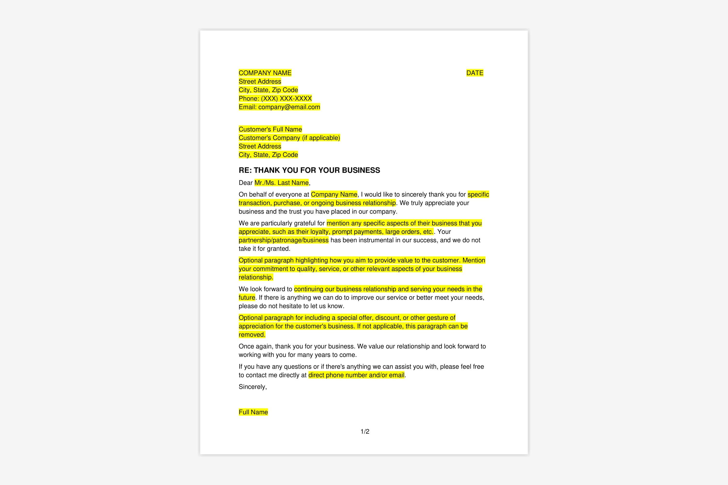 Thank You for Your Business Letter - Customer Appreciation Template ...