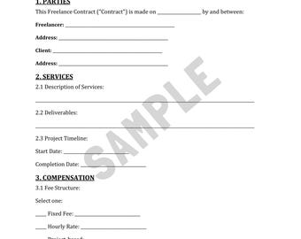 May include: A white document titled "FREELANCE CONTRACT" with sections for parties, services, and compensation. The document includes fillable lines for details such as freelancer and client information, service descriptions, and project timelines. A watermark of "SAMPLE" is visible.