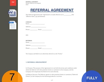 May include: A black and white document with the title "Referral Agreement". The document is a legal agreement between a company and a referrer. The document includes sections for the company's name, address, phone number, and email address, as well as the referrer's name, address, phone number, and email address.