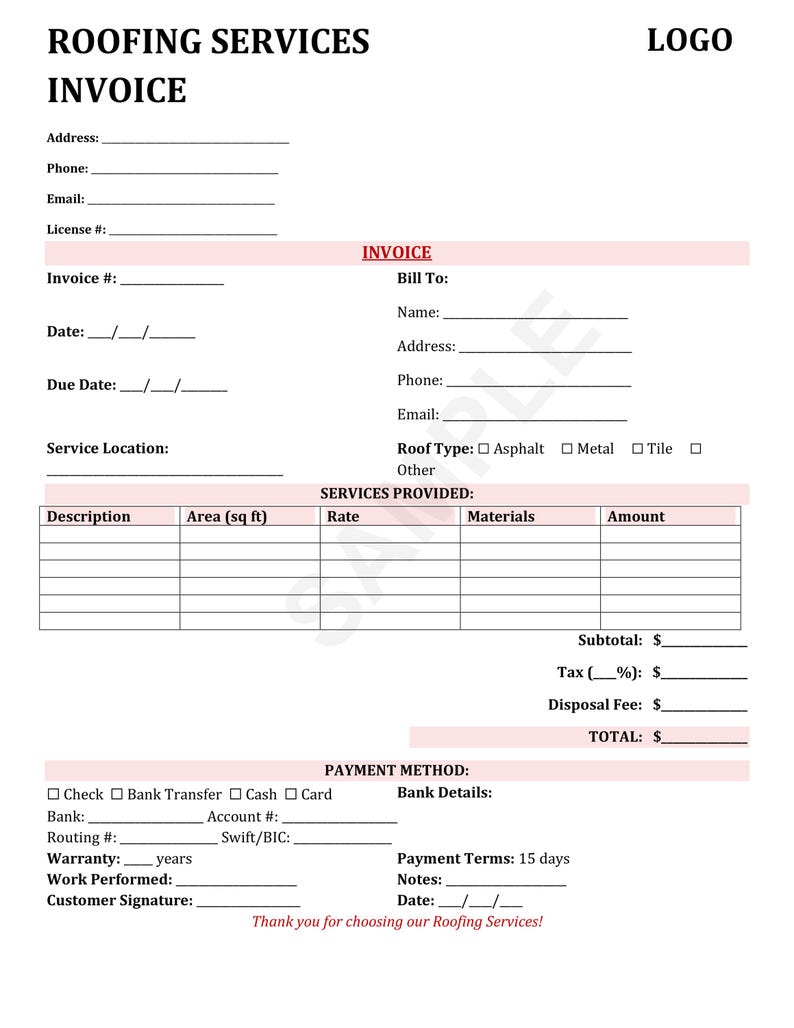 Roofing Services Invoice Template Receipt Custom Logo | Editable in ...