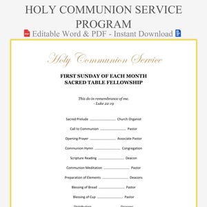 Peut inclure: Un programme blanc intitulé "Holy Communion Service" avec une bordure dorée. Le programme comprend le texte "First Sunday of Each Month Sacred Table Fellowship" et une liste d'éléments de service tels que "Sacred Prelude" et "Communion Hymn".